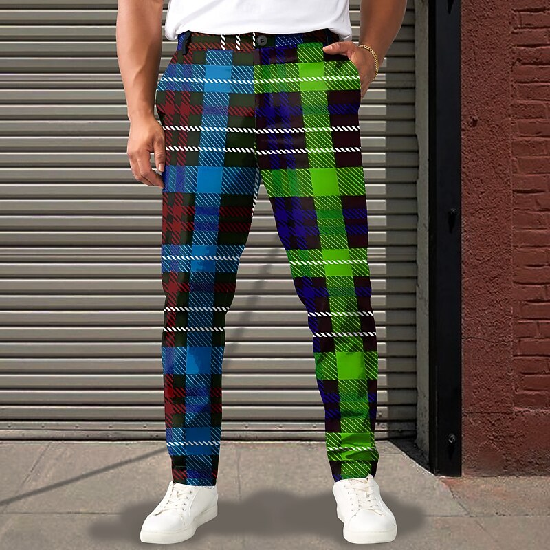 Men's Geometric Color Block Plaid / Check Dress Pants Mid Waist Business Casual Formal Street Dailywear Zipper Pocket Summer Spring Fall 3D Print Yellow Red Blue2