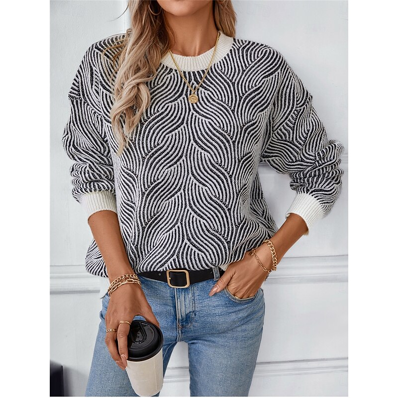 Women's Sweater Casual Soft Geometric Ribbed Crew Neck Knitted Long Sleeve Regular Tops Knit Outdoor Daily Weekend Black Fall Winter 6