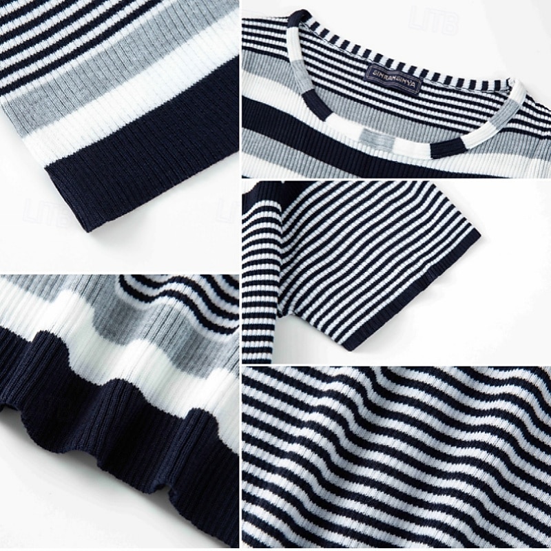 Men's T Shirt Knit Tee Tee Top Short Sleeves Crew Neck Summer Stripes Pit Strip Fashion Designer Basic Knitted Vacation Street Going out Dark Blue Top Tee for Men2
