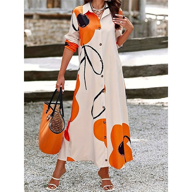 Women's Floral Shirt Collar Maxi Dress Long Sleeve Spring Fall4