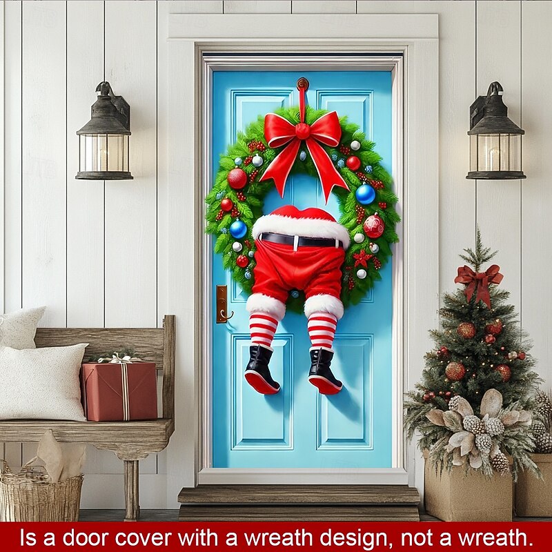 Christmas Door Decorations Door Covers Xmas Santa Steal Wreath Leg Door Tapestry Door Curtain Decoration Backdrop Indoor/Outdoor Door Banner for Front Door Farmhouse4