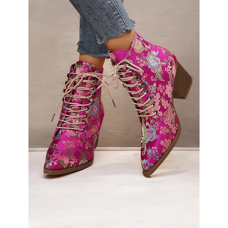 Women's Floral Embroidered Lace-Up Ankle Boots - Vibrant Pink Satin with Chunky Heel for Casual, Party, or Boho-Chic Outfits