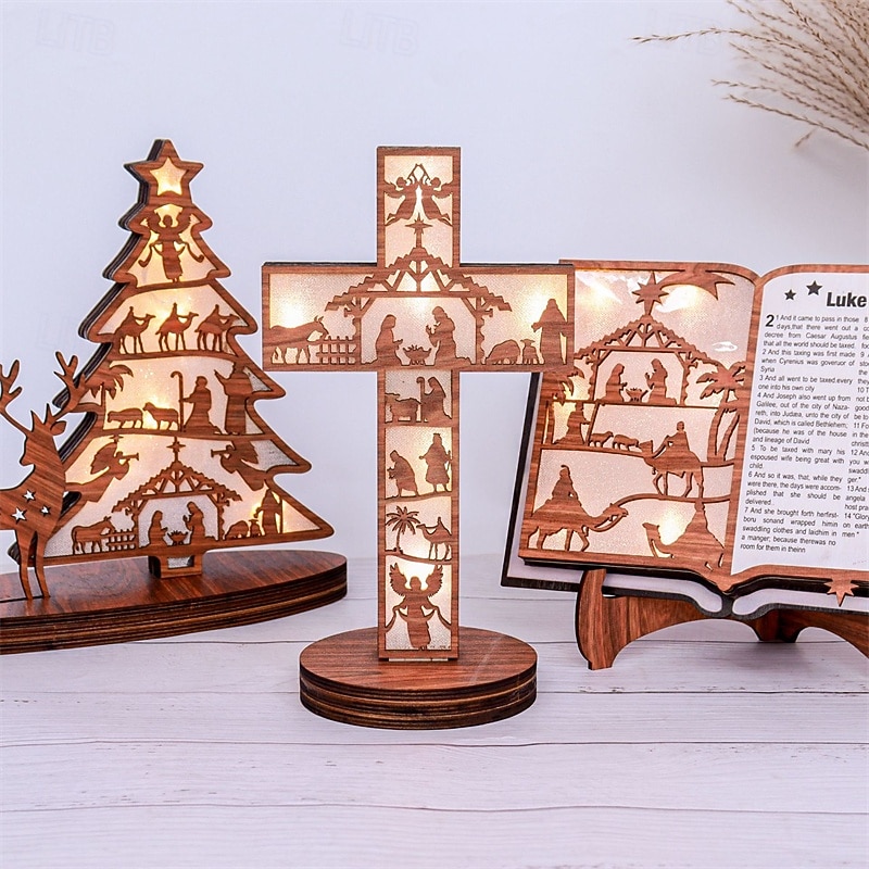 Wooden Light-Up Nativity Scene Decor, Jesus Birth Display with Christmas Tree and Reindeer, Easter Nativity Ornament for Home Decoration