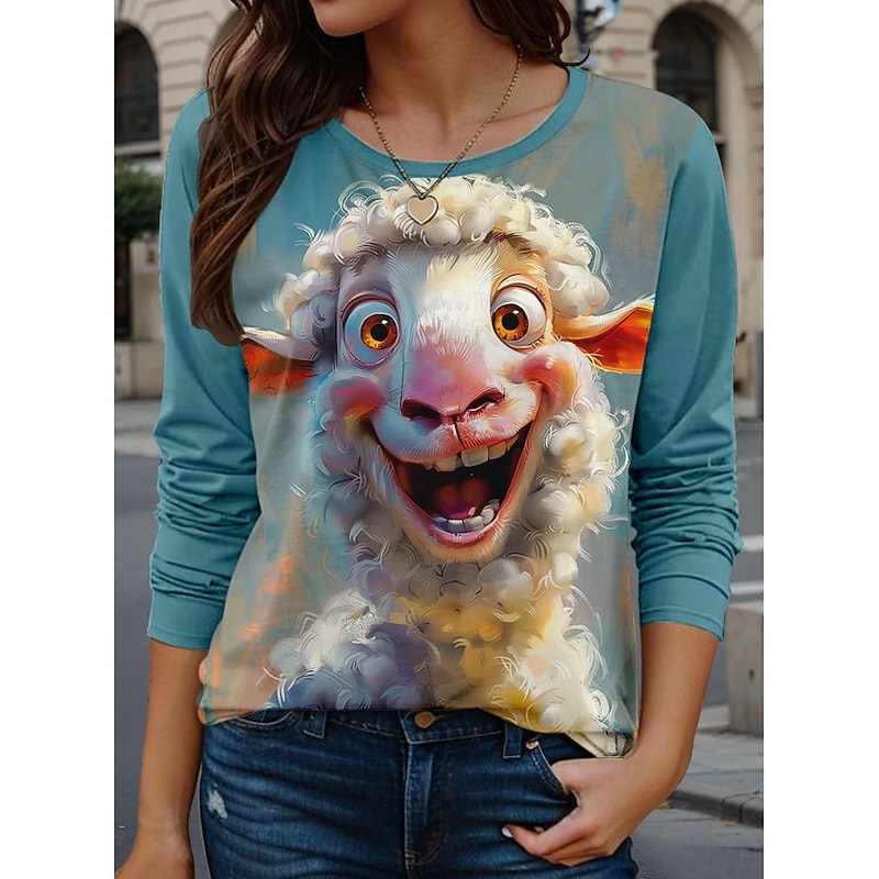Women's T shirt Crew Neck Long Sleeve Tunic Animal Casual  Regular Tops Daily Print Blue Spring Fall