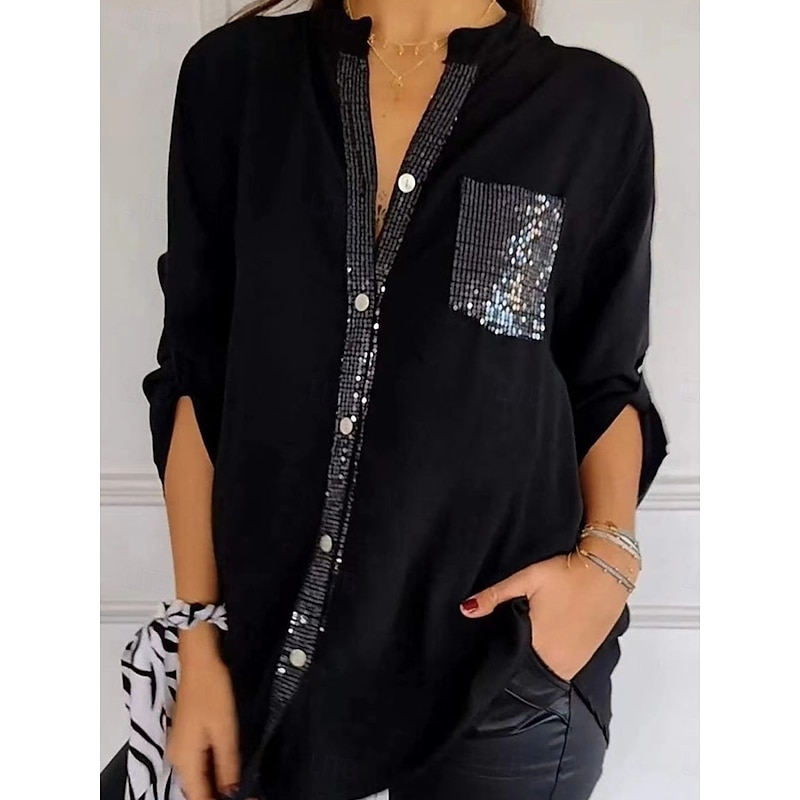 Women's Shirt Elegant Dressy Satin Solid Color Basic Casual Long Sleeve V Neck Regular Tops Daily Sequins Patchwork Pocket Black Pink Green Fall2