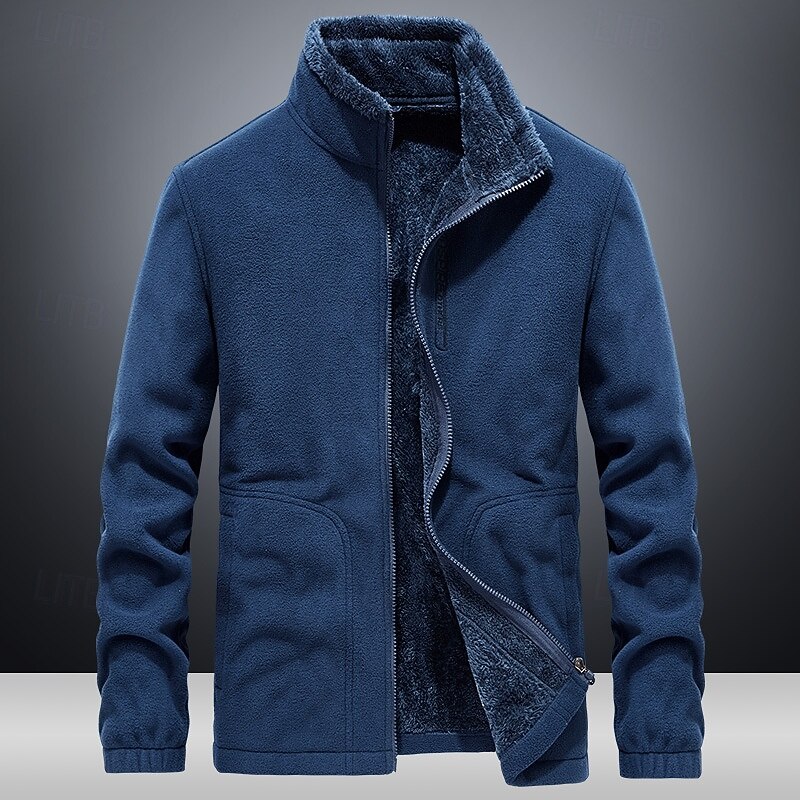 Men's Winter Jacket Fleece Jacket Casual Jacket Vacation Daily Thermal Warm Pocket Fleece Fall & Winter Plain Fashion Streetwear Stand Collar Regular Black Dark Blue Dark Gray Jacket2