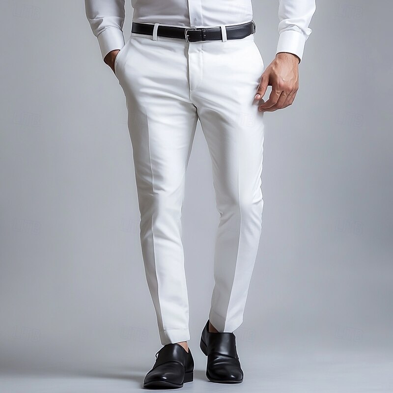 Men's Dress Pants Long Pants Black White Dark Navy Solid Color Micro-elastic Standard Fit 2024