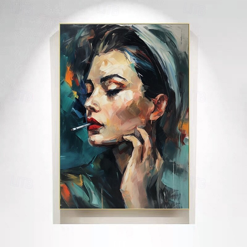 Hand painted Women Face Portrait Oil Painting Home Smoking girl Canvas Decorative Wall Art Pictures Cuadros For Living Room Bedroom Modern Rolled Canvas (No Frame)2