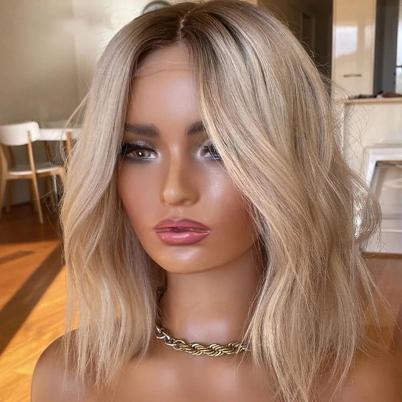 Remy Human Hair 5x5 Closure 13x4 Lace Front Wig Short Bob Brazilian Hair Wavy Blonde Wig 130% 150% Density Ombre Hair 100% Virgin Glueless Pre-Plucked For Women Short Human Hair Lace Wig3