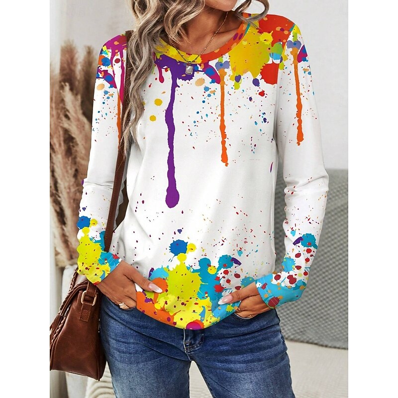 Women's T shirt Crew Neck Long Sleeve Tunic Graffiti Modern Casual  Regular Tops Daily Weekend Print White Fall Winter3