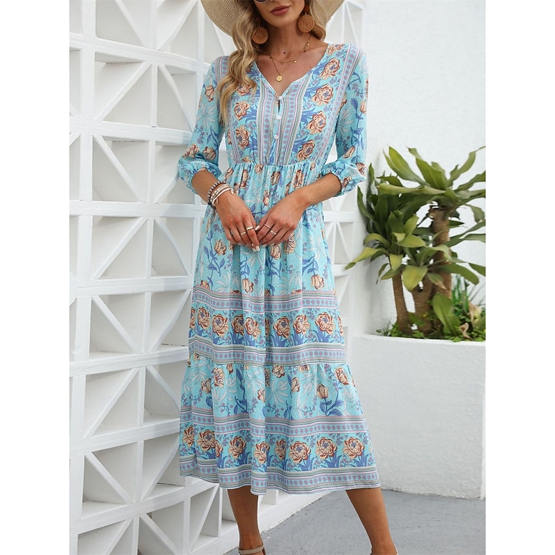 Women's Midi Dress Casual Dress Swing Dress A Line Dress Boho Dress Casual Daily Regular Fit Floral 3/4 Length Sleeve V Neck Pink Blue Apricot Summer Spring Fall