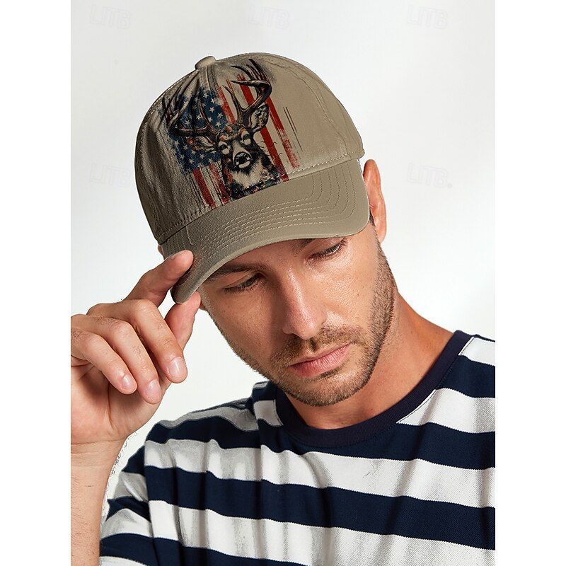 Men's Adjustable Baseball Cap with Patriotic Deer Print and American Flag Design - Outdoor Sports and Casual Wear Hat3
