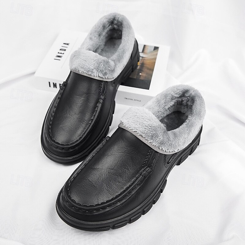 Men's Black Faux Leather Slip-on Shoes with Fur Lining - Warm and Comfortable for Winter2