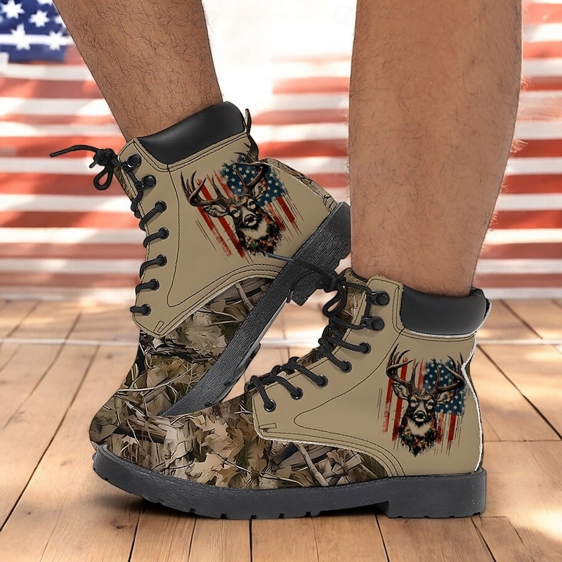 Men's Hunting Boots with Patriotic Deer Print – Durable Camouflage Lace-Up Outdoor Footwear2