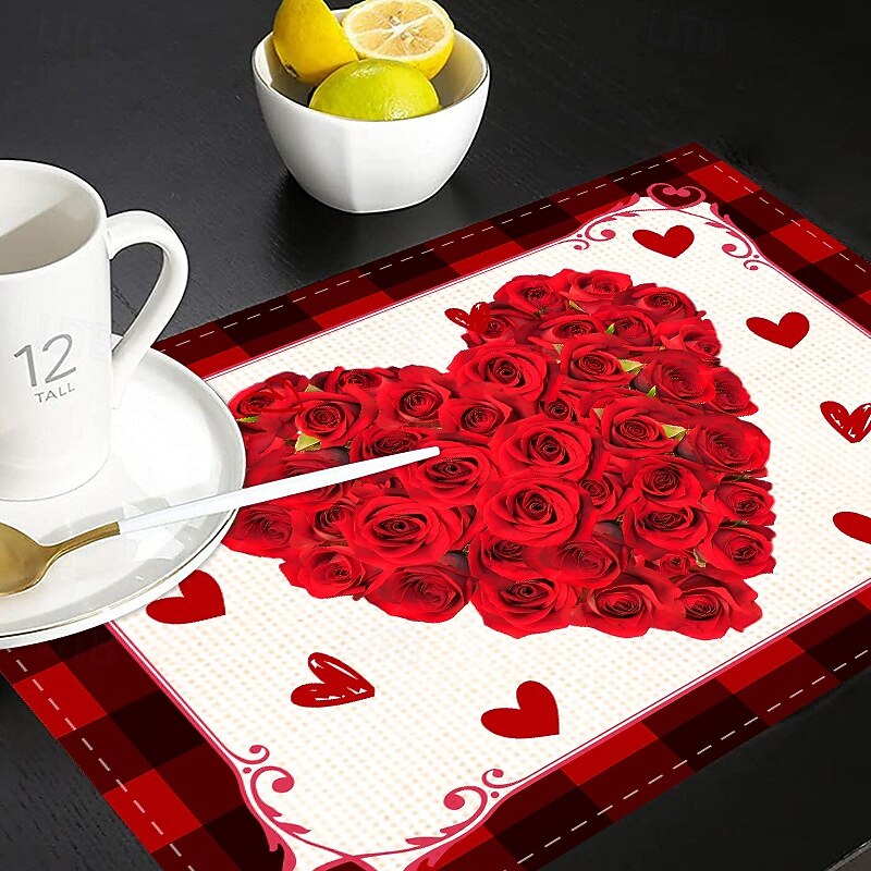 Valentine's Day Placemats Set of 4 Romantic and Decorative Table Mats Featuring Heart or Rose Patterns Durable and Heat-Resistant Perfect for Adding a Touch of Love to Your Dining Table Decor3