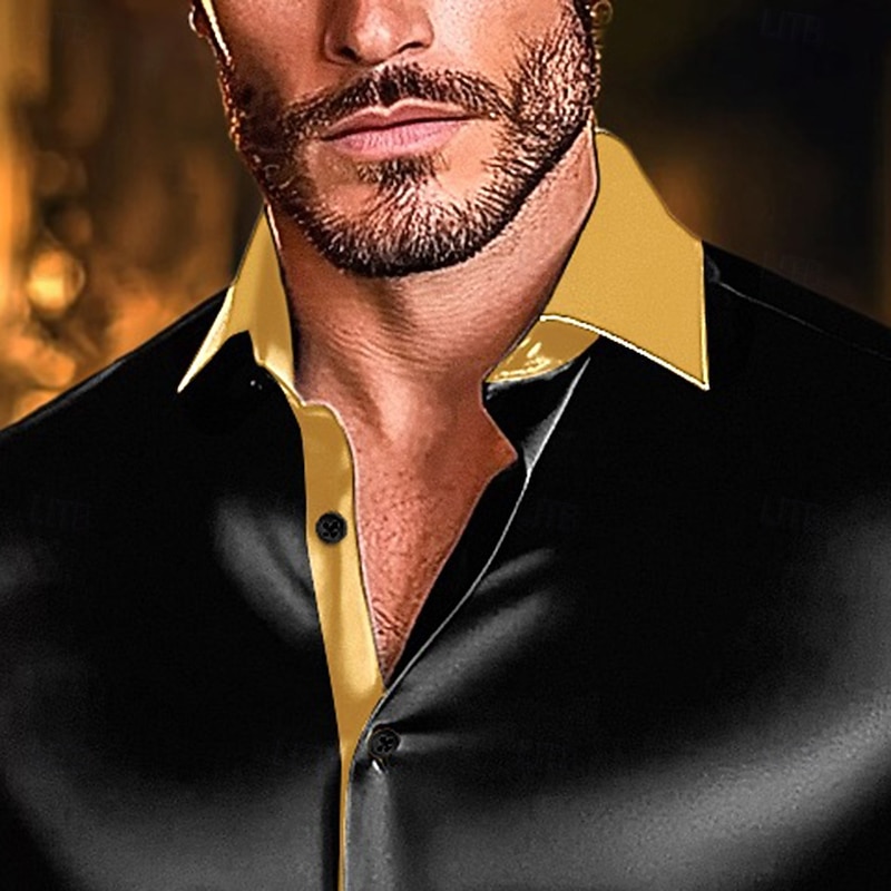 Men's Shirt Satin Shirt Casual Shirt Button Up Shirt Disco Shirt Patchwork Performance Wedding Black White Wine Green Long Sleeve Lapel Spring &  Fall Clothing Apparel Patchwork2