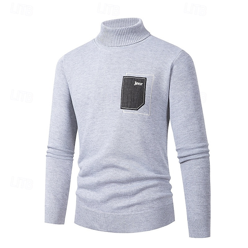 Men's Turtleneck Sweater Pullover Sweater Jumper Ribbed Knit Patchwork Pocket Solid Color Turtleneck Elegant Vintage Formal Work Clothing Apparel Bishop Sleeve Fall Winter Wine Black M L XL3