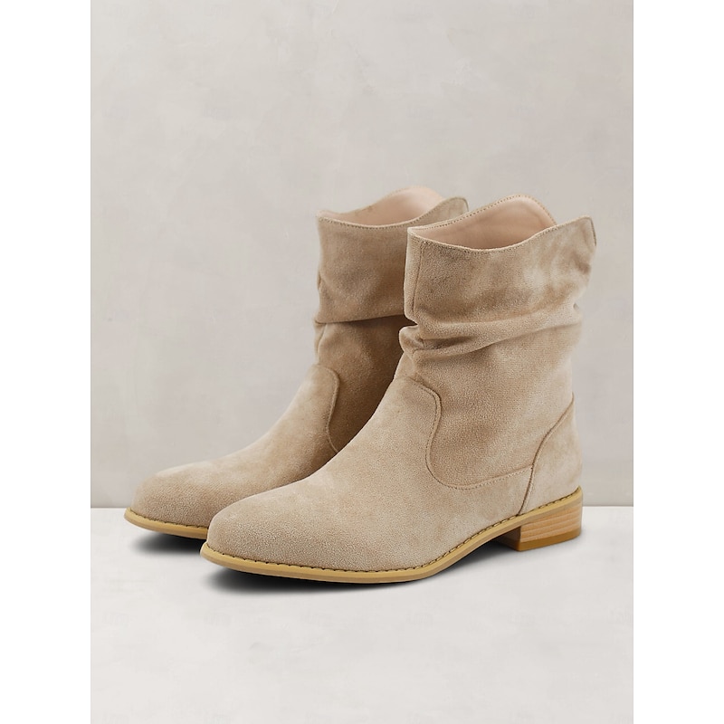 Women's Trendy Slouchy Mid Calf Boots - Beige Faux Suede Low Heel Comfortable Casual Boots for Everyday Wear4