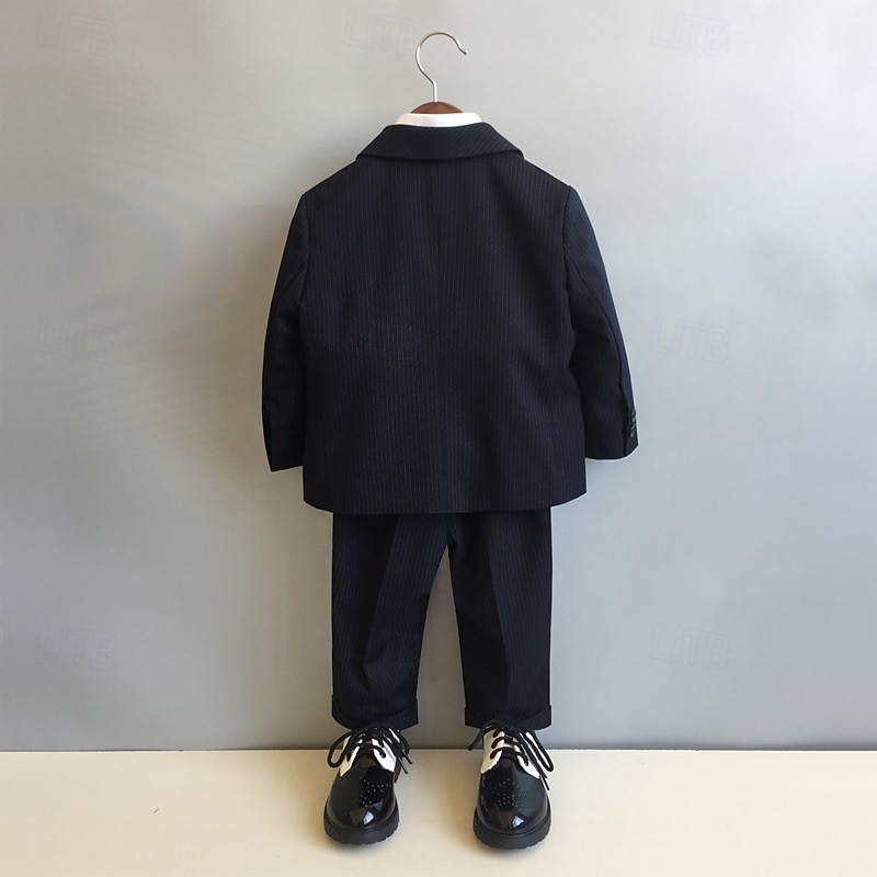 6 Pieces Ring Bearer Suit Boys Kids Suit Formal Suit Blazer & Vest & Pants & Brooch & Tie Shirt & Pants Formal Party Valentines Fashion Cool Stripe Pocket Black Polyester2
