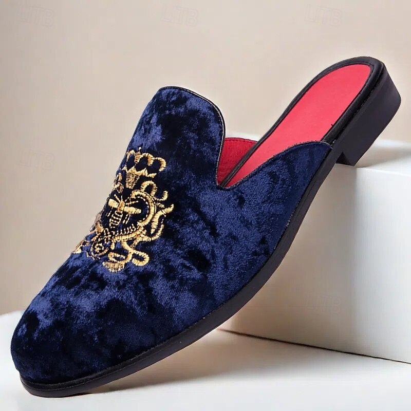 Men's Royal Velvet Embroidered Loafers - Regal Slip-On Slippers with Gold Crown Crest Embellishment