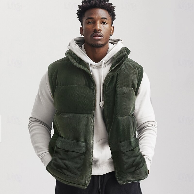 Men's Corduroy Fleece Vest Outdoor Vest Gilet Punk Active Fall Winter Polyester Solid Color Turtleneck Black Light Brown Army Green Vest