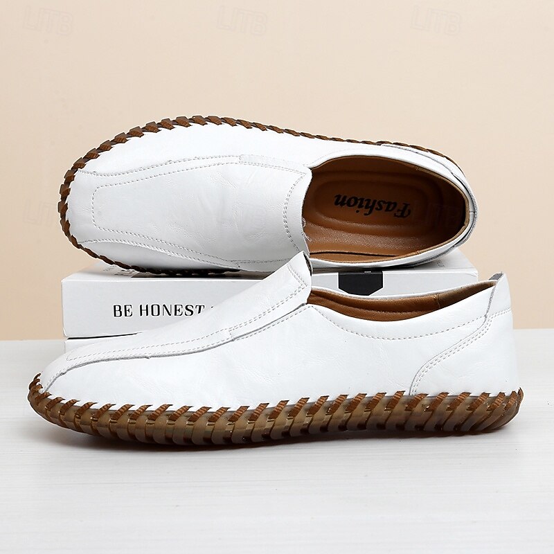 Men's White Faux Leather Slip-On Loafers with Hand-Stitched Sole – Lightweight Casual Shoes for Driving, Walking, and Summer Outfits4