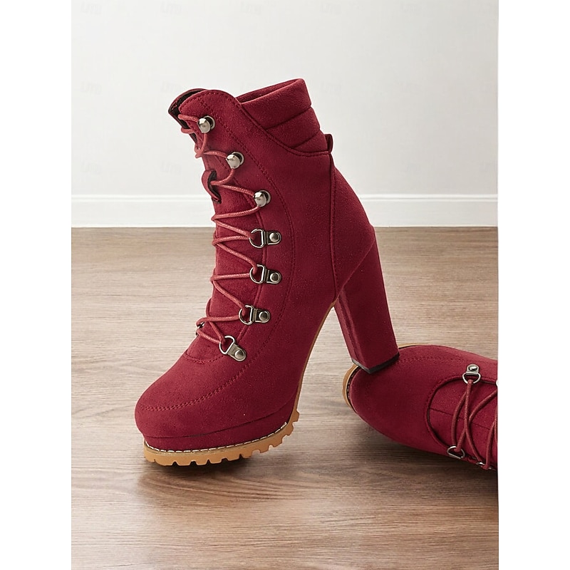 Women's Black Lace-Up High Heel Ankle Boots with Rugged Soles – Stylish Footwear for Casual and Outdoor Outfits2