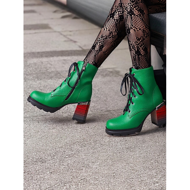Women's Bold Green Lace-Up Ankle Boots – Chunky Block Heel with Side Zipper, Perfect for Fashion-Forward Street Style and Casual Wear
