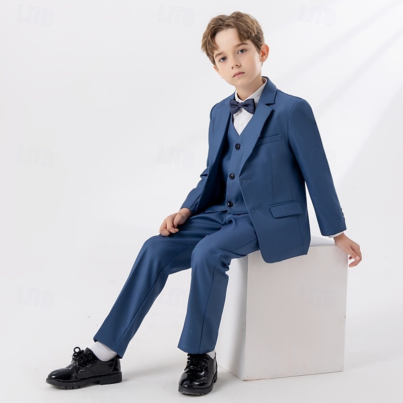 4 Pieces Ring Bearer Suit Boys Kids Suit Formal Suit Blazer & Vest & Pants & Tie Formal Party Valentines Fashion Cool Solid Color Pocket White Wine Navy Blue Polyester