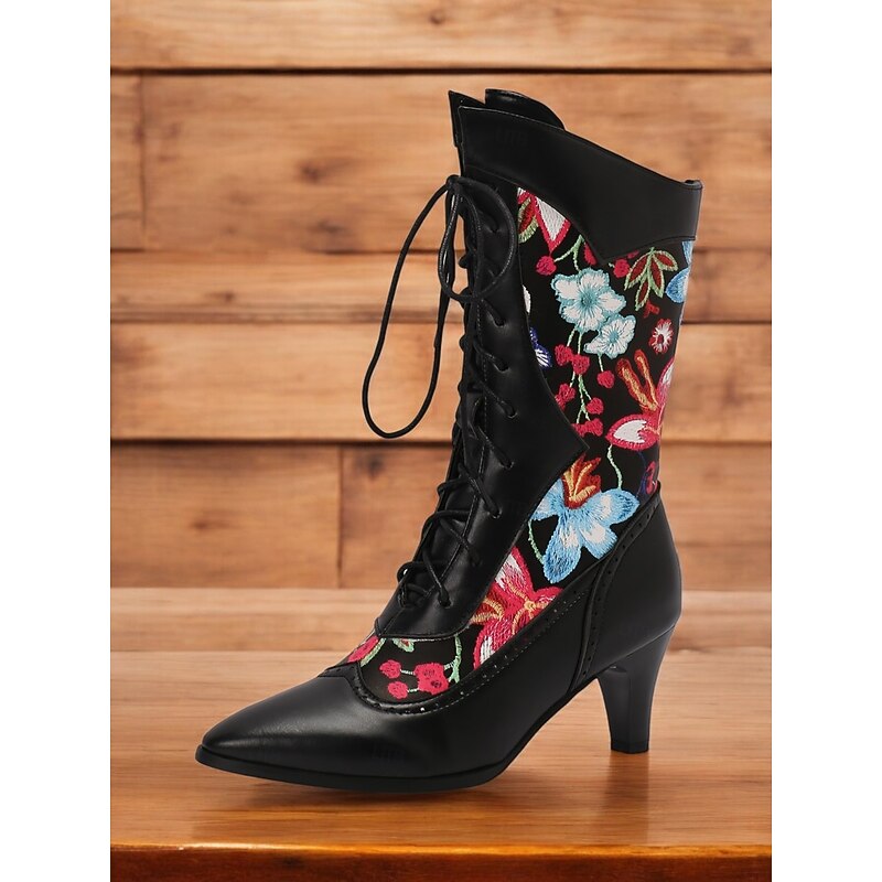 Women's Victorian Floral Embroidered Lace-Up Boots with Pointed Toe and Kitten Heel – Retro Gothic Style for Cosplay, Parties, and Daily Wear4