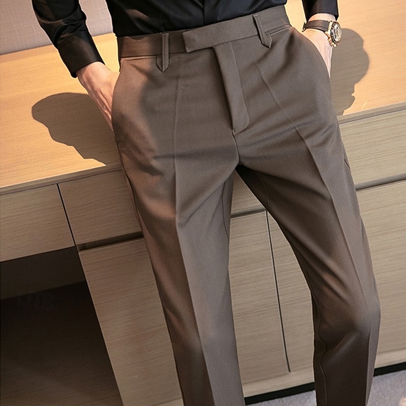 Men's Graduation Dress Pants Trousers Chinos Buttons Pocket Solid Color Comfort Formal Party Work Fashion Classic Style Black Coffee Micro-elastic