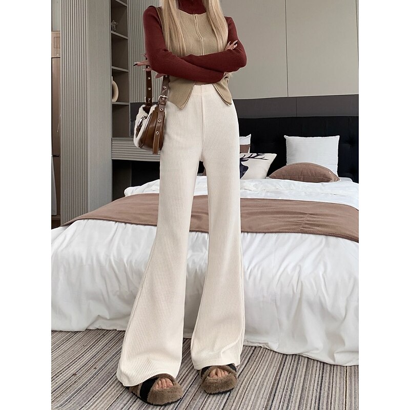 Women's Normal Bell Bottom Fashion Classic Style Full Length High Waist Solid Color Patchwork Comfy Breathability Micro-elastic Black Apricot Coffee Spring &  Fall Regular Fit4