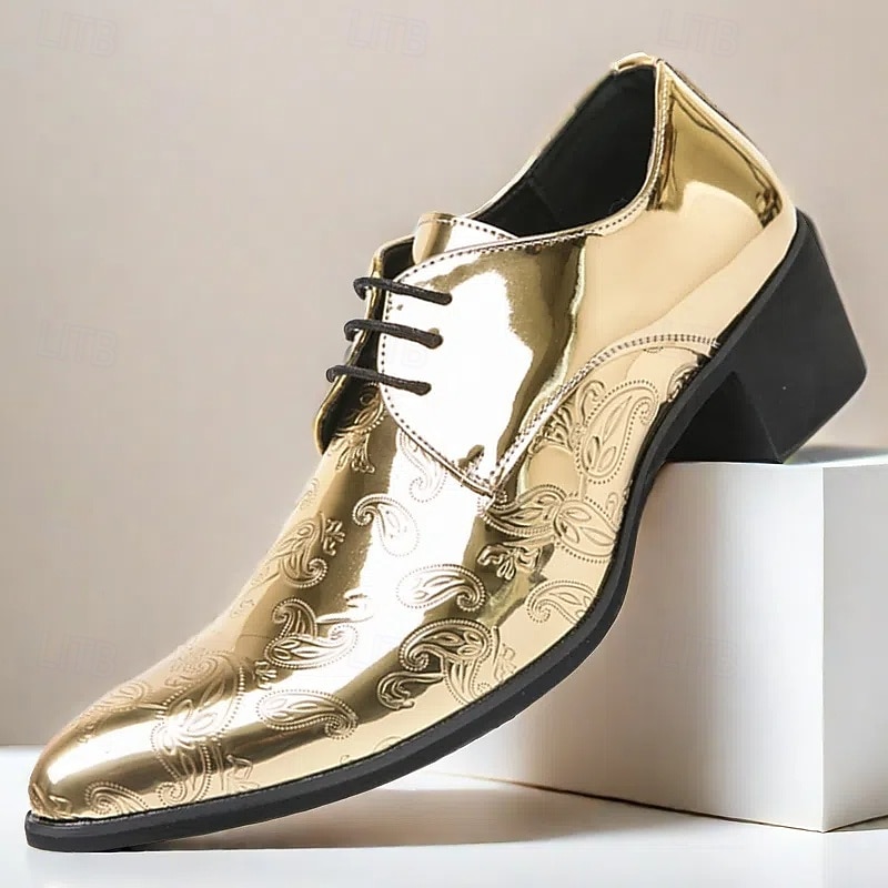 Men's Gold Embossed Faux Leather Oxford Shoes - Shiny Paisley Design with Lace-Up Closure for Formal Events and Party Wear