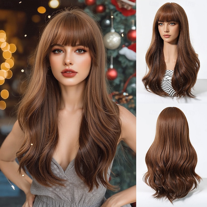 Synthetic Wig Uniforms Career Costumes Princess Body Wave Layered Haircut Neat Bang Machine Made Wig 24 inch Dark Brown Synthetic Hair Women's Cosplay Party Fashion Dark Brown