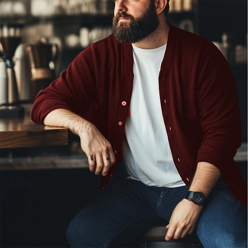 Men's Cardigan Sweater Cropped  Sweater Knit Sweater Ribbed Knit Regular Button Up Pocket Solid Color V Neck Fashion Classic Vacation Daily Wear Clothing Apparel Fall & Winter Wine Red Black S M L