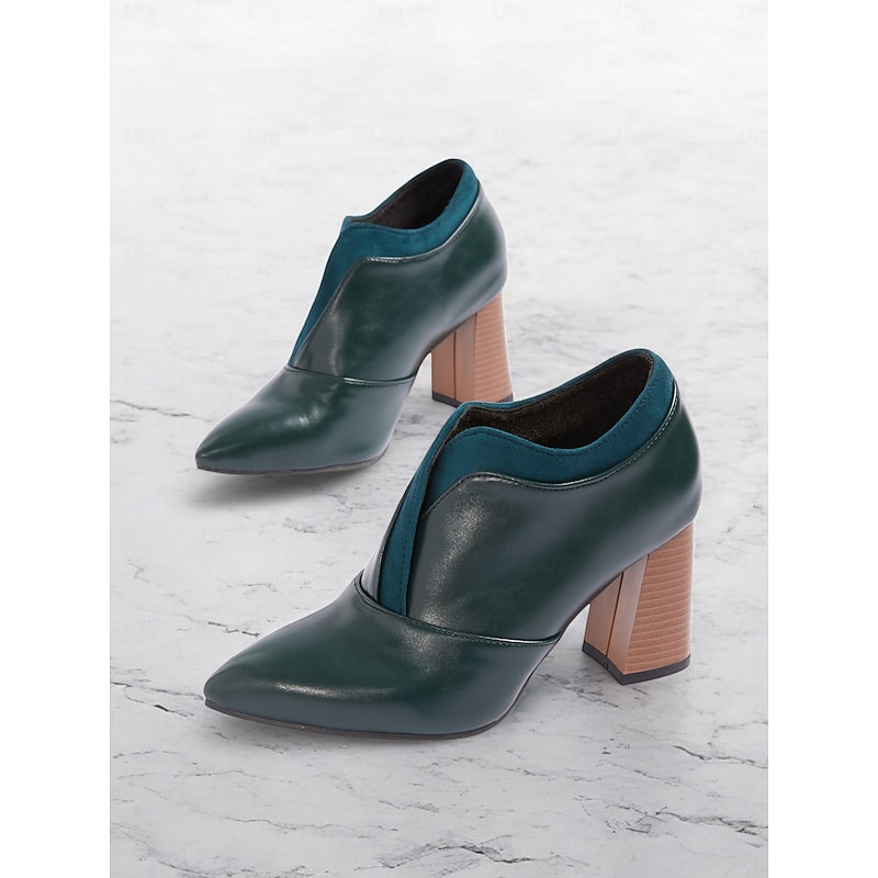 Women's Green Faux Leather Pointed-Toe Ankle Boots with Block Heels – Modern and Sophisticated Shoes for Office and Evening Wear2