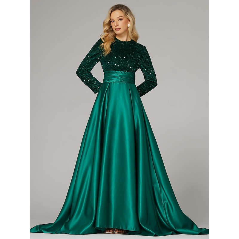 A-Line Evening Gown Elegant Dress Formal Cocktail Party Court Train Long Sleeve High Neck Fall Wedding Guest Satin with Sequin