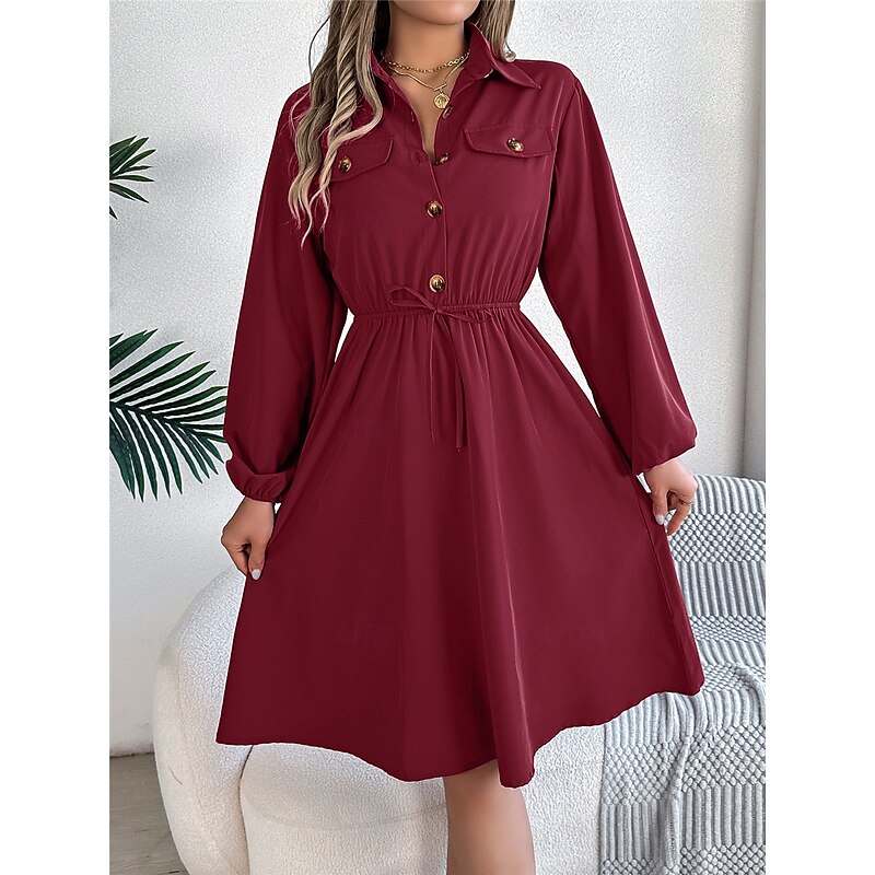 Women's Casual Dress Midi Dress Buttons Casual Shirt Collar Long Sleeve Wine Blue Khaki Color4