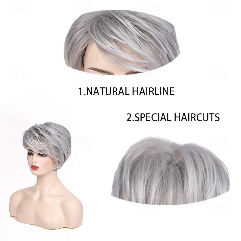 Short Grey Wigs for White Women Short Cut Layer Sliver Gray Wigs with Bangs Synthetic Hair Replacement Wigs4