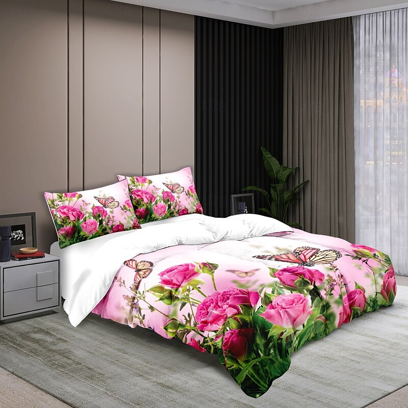 Flowers Butterflies Plants Flowers Prints Three Piece Down Comforter Set Hotel Bedroom Guest Room Bedding Comfortable Set 1 Down Comforter Set 2 Pillowcases Queen Size Bed Set 2-Piece Set