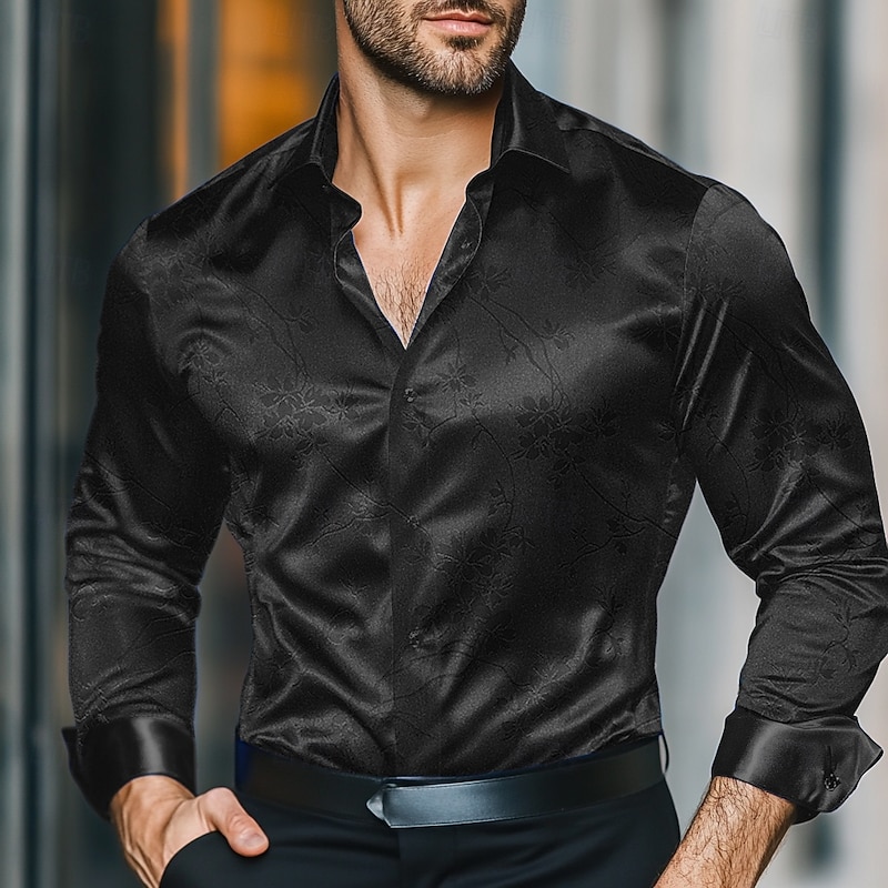 Men's Shirt Satin Shirt Casual Shirt Button Up Shirt Floral Wedding Vacation Black Green Long Sleeve Collar Winter Spring &  Fall Clothing Apparel - Main Image