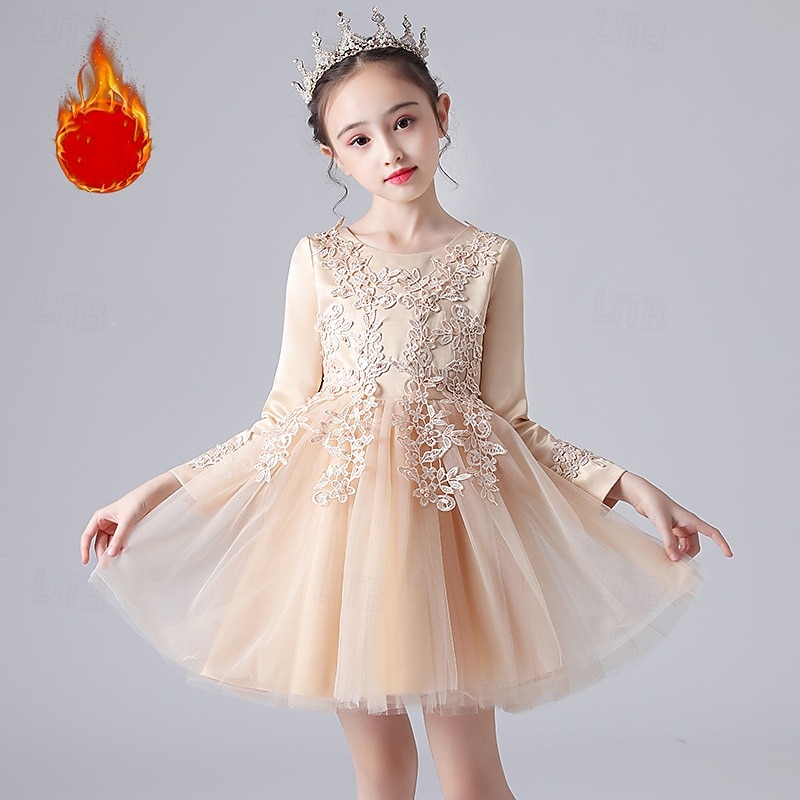 Flower Girl Dress Kid's Girls' Princess Dress Performance Wedding Party Elegant Beautiful Mesh Solid Color Long Sleeve Crew Neck White Champagne 4 years+2