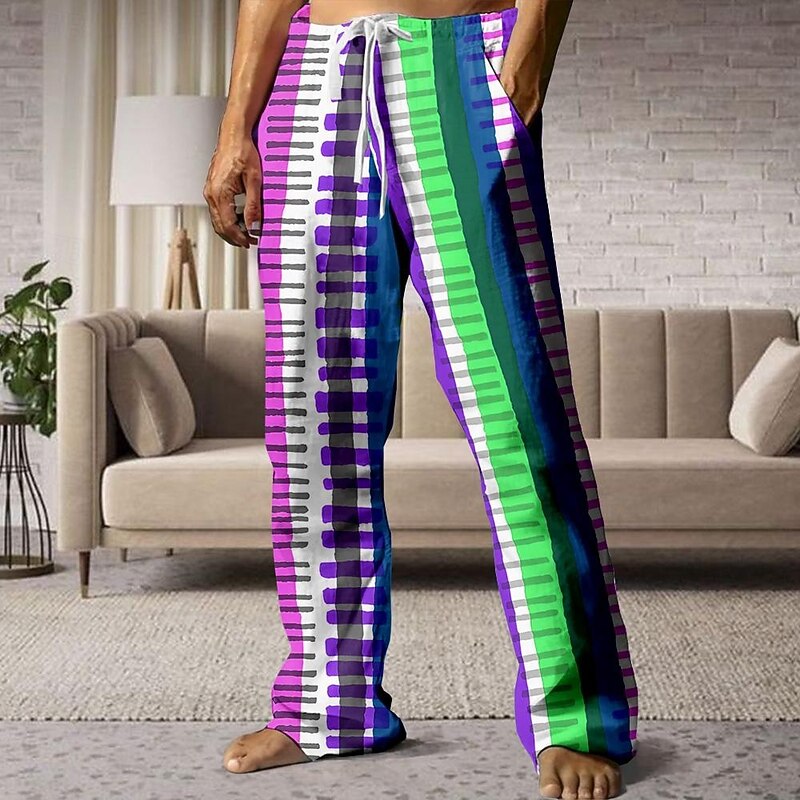 Men's Striped Pants Trousers Mid Waist Drawstring Elastic Waist Hawaiian Casual Outdoor Holiday Beach Wear Straight Leg Trousers Summer Spring Fall 3D Print Light Blue Blue Orange2
