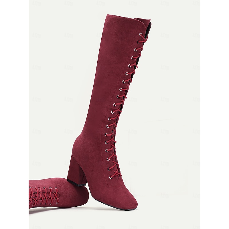 Women's Red Knee-High Lace-Up Boots with Block Heels & Plush Lining – Warm Winter Fashion Boots for Casual and Dressy Outfits4