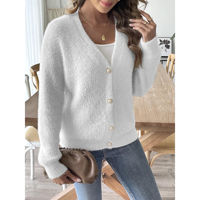 Women's Cardigan Fashion Streetwear Daily Solid Color Ribbed V Neck Knitted Long Sleeve Regular Tops Knit Outdoor Daily Black White Fall Winter2