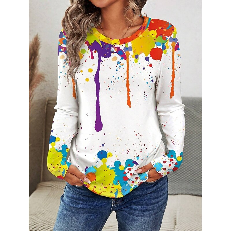 Women's T shirt Crew Neck Long Sleeve Tunic Graffiti Modern Casual  Regular Tops Daily Weekend Print White Fall Winter