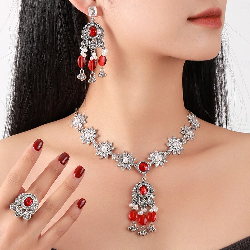 Elegant Red Crystal Peacock Necklace and Earrings Set for Women – Statement Bridal Jewelry, Unique Silver-Tone Design for Weddings and Special Occasions2