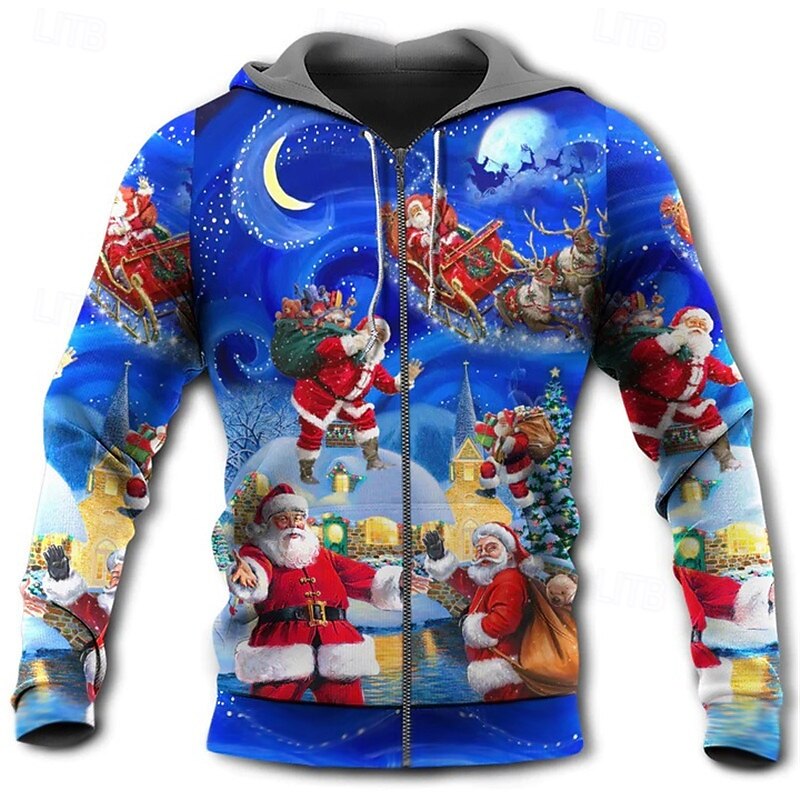 Christmas Men's Santa Claus 3D Hoodies Full Zip Jacket Blue Hooded Santa Claus Graphic Prints Ugly  Zipper Print Sports & Outdoor Daily Sports 3D Print2