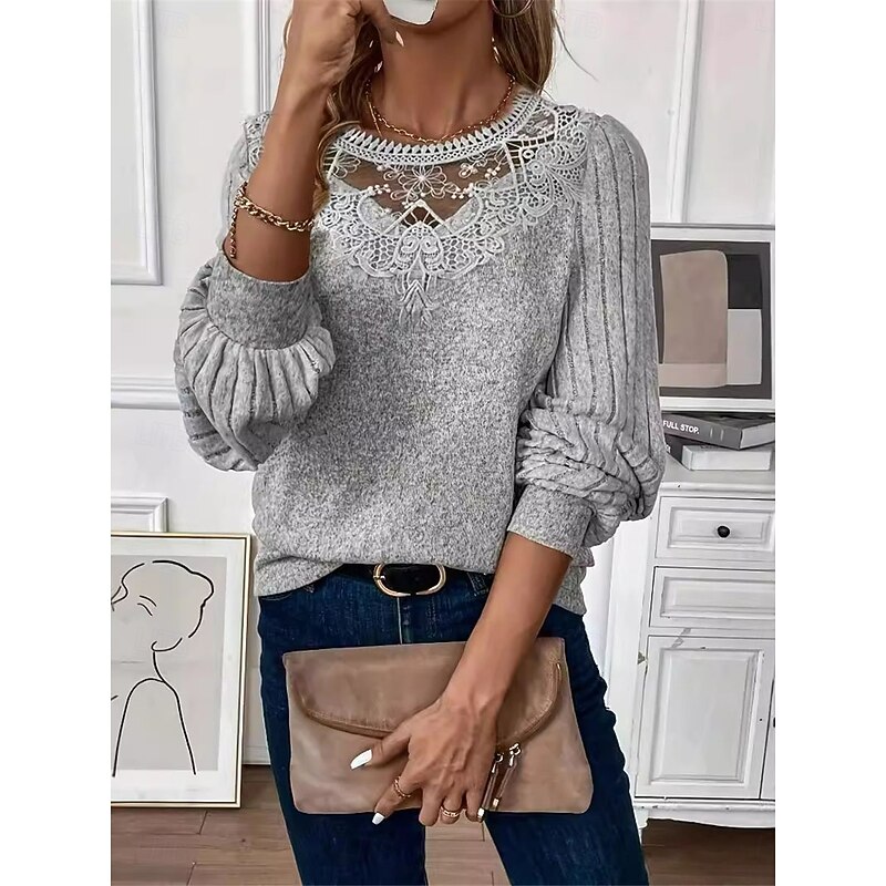 Women's Elegant Lace Tops Eyelet Blouse Casual Solid Color Regular Tops Long Sleeve Crew Neck Lace Patchwork Regular Fit Daily Gray Romantic Petite Tops Summer Holiday Wear3