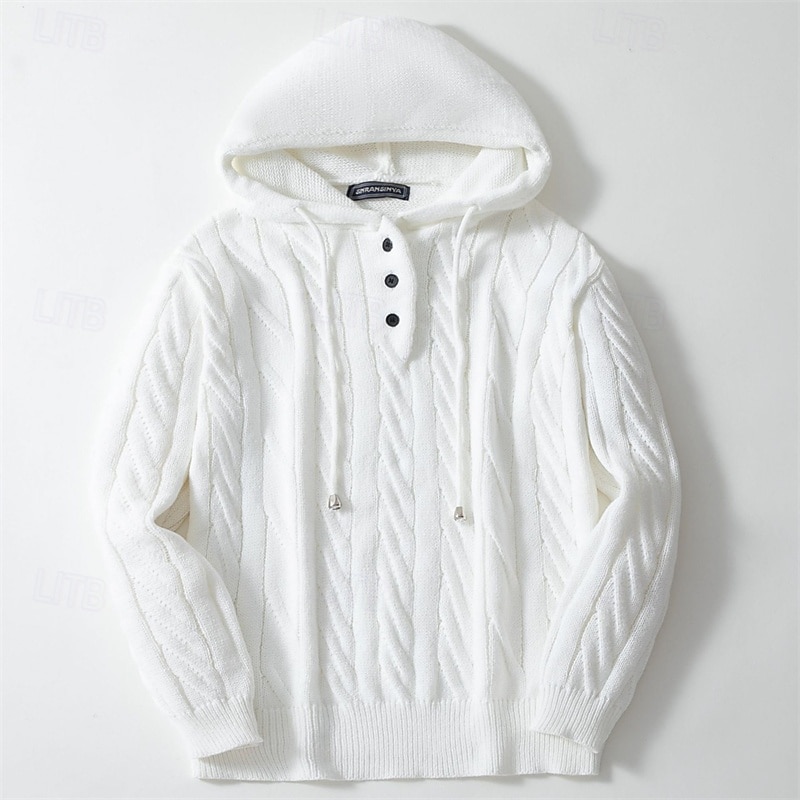 Men's Pullover Sweater Jumper Knit Sweater Ribbed Cable Knit Regular Buttons Drawstring Plain Hooded Fashion Basic Daily Wear Date Clothing Apparel Fall & Winter White M L XL3